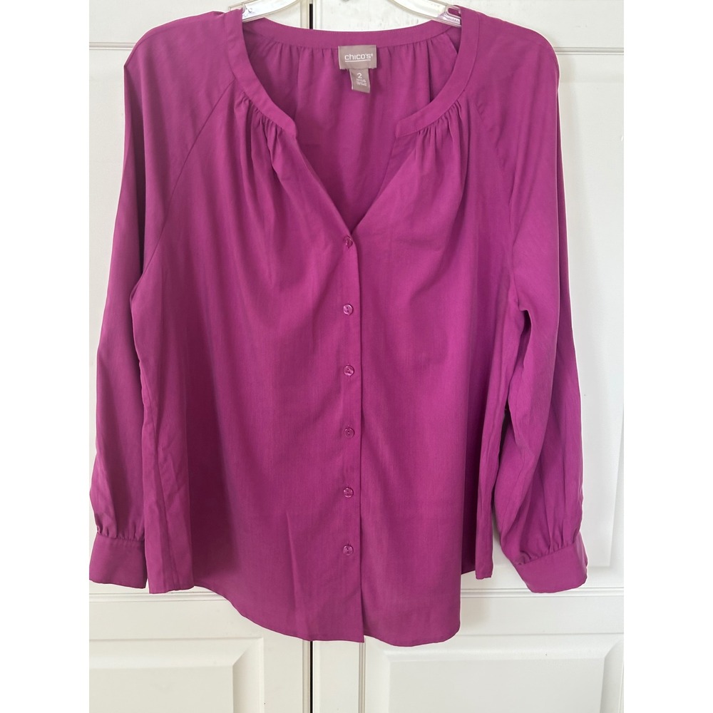 Chicos Magenta Purple Modal Blend V-Neck Button Down Blouse Top Size L